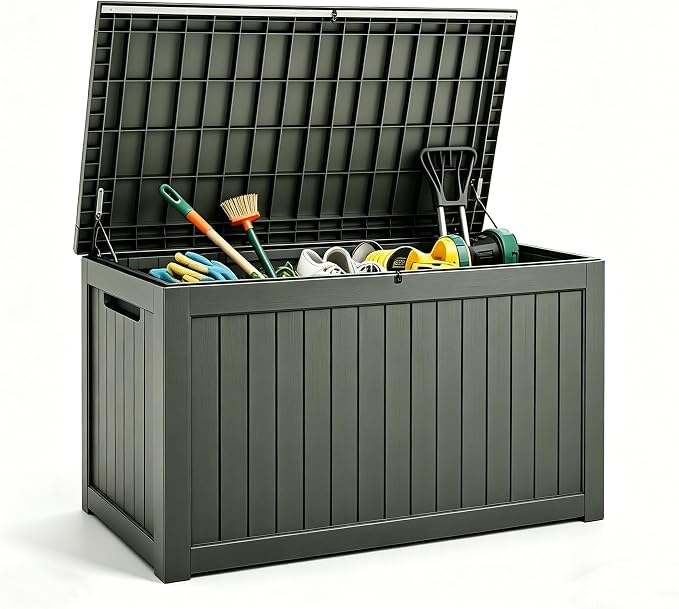 Fancyango 250 Gallon Outdoor Deck Box Waterproof, Large Storage Box for Patio, Resin Storage Bench Lockable for Garden Tools, Package Delivery, Grey