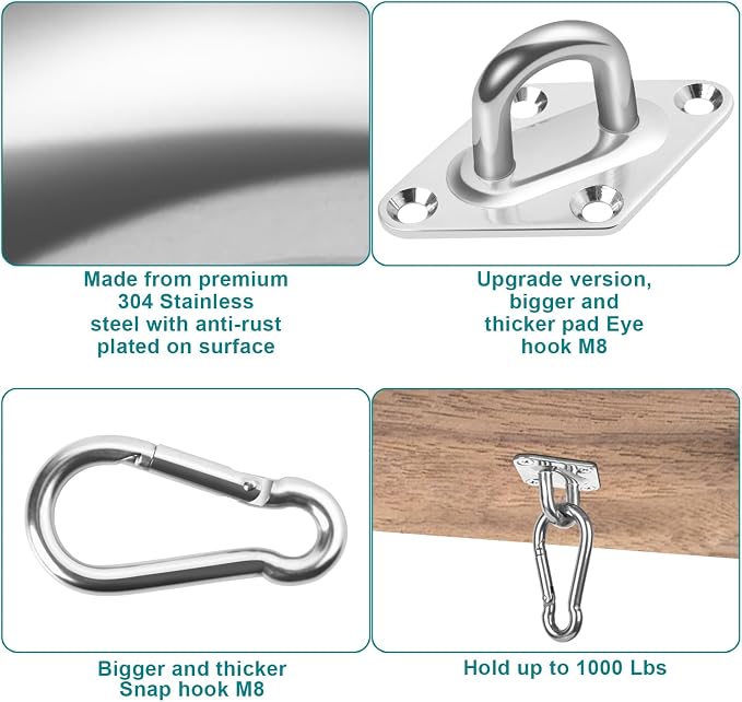 Heavy Duty Hammock Hanging kit - 1000 lb Capacity Swing Hooks, Ceiling Hooks for Wall/Ceiling Mount, Indoor & Outdoor - Stainless Steel (Medium)