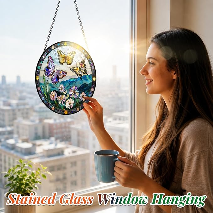 Stained Glass Butterfly Suncatcher Window Hanging Birthday Gifts for Women | 6.3in Garden Sun Catcher, Butterflies Wildflowers Home Decor, Memory Gift for Mom Grandma & Mother's Day, Christmas Ornament
