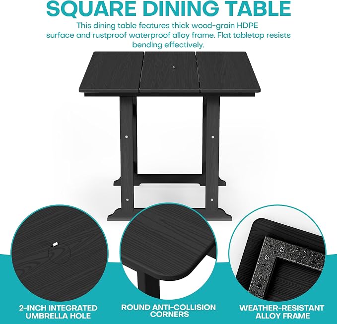 5 Piece Patio Dining Set, HDPE All-Weather Furniture with 4 Chairs & 1 Square Table, for Backyard, Garden, Garden, Black