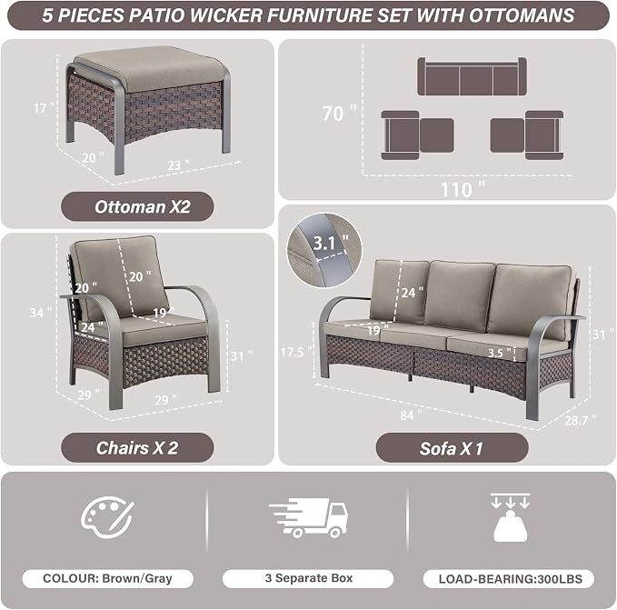 Belord 5 Piece Outdoor Wicker Furniture Set, High Back Deep Seating Patio Sofa Set with Metal Armrests Rattan Chairs, and Ottomans for Porch Deck Sunroom Backyard