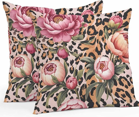 Vandarllin Outdoor Throw Pillows Covers 26x26 inch Set of 2 Waterproof Leopard Print Decorative Zippered Cushion Covers for Patio Furniture, Pink Floral Retro Animal Skin Lumbar Pillowcases
