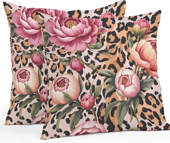 Vandarllin Outdoor Throw Pillows Covers 24x24 inch Set of 2 Waterproof Leopard Print Decorative Zippered Cushion Covers for Patio Furniture, Pink Floral Retro Animal Skin Lumbar Pillowcases
