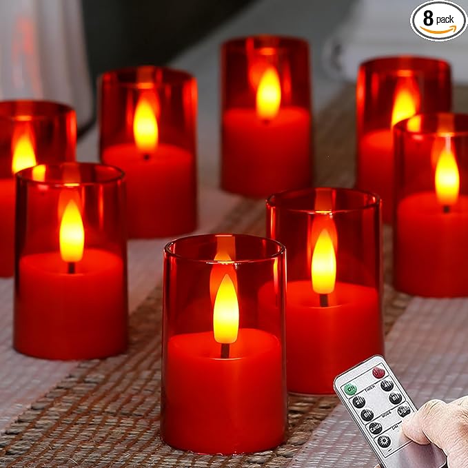 Flameless Small Tea Light LED Candles, Acrylic Battery Operated Votive 1.7" x2.5" with Remote Control and Timer, Tealight Red Flickering Warm Light Pack of 8 Electric Long Lasting