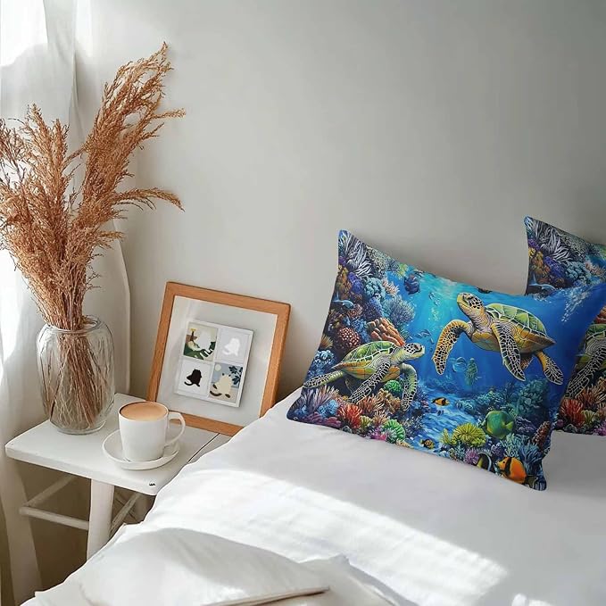 Blue Sea Turtle Ocean Waterproof Outdoor Pillow Covers Set of 2 Home Decor, Colorful Coral Sea Underwater Pillowcase Patio Pillow Covers for Couch Bench Furniture Garden 20x12in