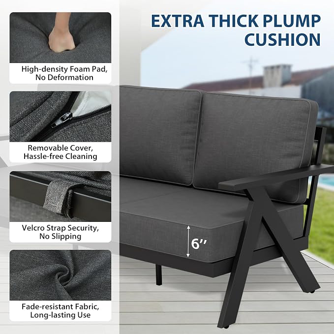 COOS BAY Iron Luxe 7 Piece Outdoor Patio Furniture Set, Modern Patio Conversation Set with 4 Swivel Rocking Chairs, a 3 Seat Couch, Coffee Table & Side Table for Deck, Garden, Porch, Black/Gray