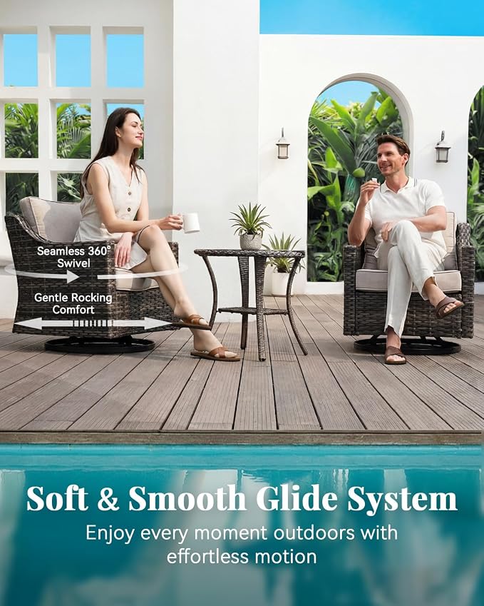 Patio Furniture Set 5 Pieces Luxury Outdoor Swivel Rocker Chairs and Ottomans, Easy Assembly Conversation Set for Porch Deck Balcony Yard in Gray Wicker and Beige Cushions