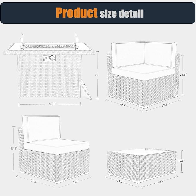 Patio Furniture Set with Fire Pit Table, 10 Pieces Outdoor All-Weather Wicker Conversation Sectional Chair Sofa Set
