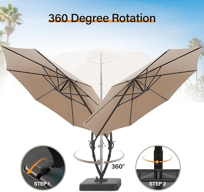 LAUSAINT HOME 12ft Patio Cantilever Umbrella with Base Included, Outdoor Curvy Round Offset Umbrella, Heavy Duty Aluminum, 360° Rotation for Pool, Deck, Lawn, Backyard (Upgraded Sunbrella Fabric Beige)