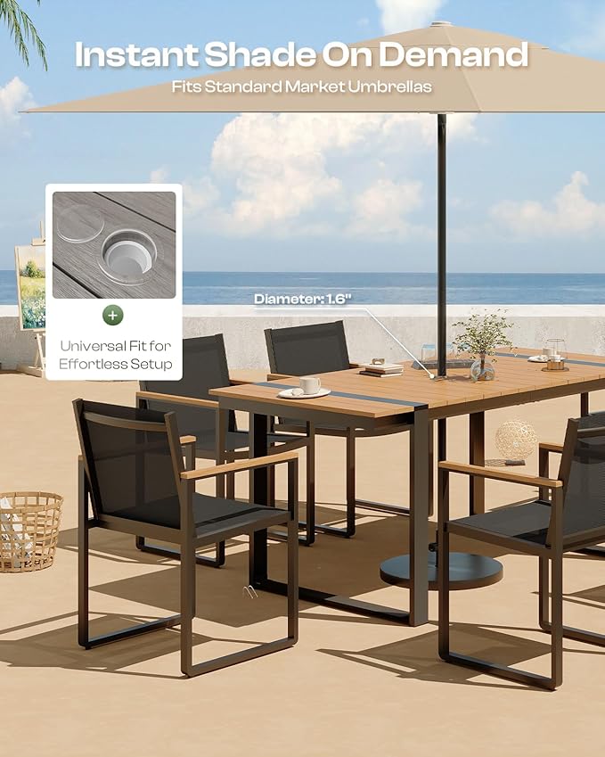 Outdoor Table and Chairs of 4, Patio Dining Sets, HDPS + Aluminum Outdoor Furniture Set with Umbrella Hole, Patio Dining Table Set (Gray-Teak)