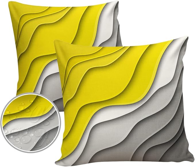 Funy Decor Waterproof Outdoor Throw Pillow Cover Yellow Grey Modern Geometric Lumbar Pillowcases Set of 2 Abstract Beach Decorative Patio Furniture Pillows for Couch Garden 18x18 inch x 2pcs