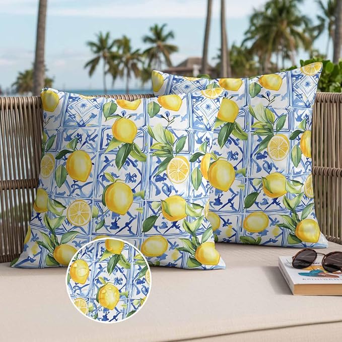 Outdoor Waterproof Pillow Covers Lemon Fruit Pack of 2 Lumbar Pillow Cover Leaves Blue Decorative Cushion Pillowcases for Patio Couch Bench Garden 16 x 16 Inches