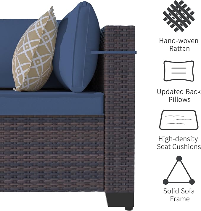 Outdoor Patio Furniture Set with Gas Fire Pit Table, 10 Pieces Outdoor Furniture Set Patio Sectional Sofa w/43in Propane Fire Pit, PE Wicker Rattan Patio Conversation Sets (Dark Blue)