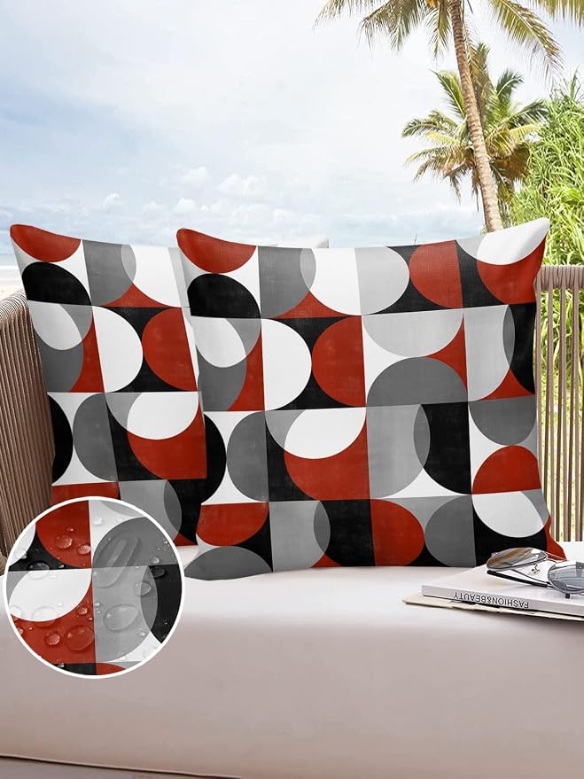 Vandarllin Outdoor Throw Pillows Covers 18x18 inch Set of 2 Waterproof Mid Century Geometric Decorative Zippered Cushion Covers for Patio Furniture, Abstract Modern Red Lumbar Pillowcases