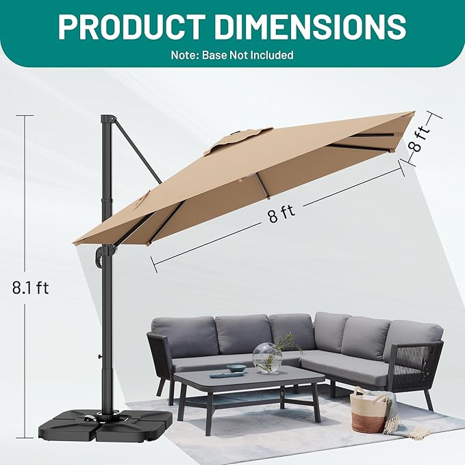 AreShark 8 X 8 FT Cantilever Patio Umbrella, 360-Degree Rotation Round Hanging Offset Umbrella with Crank, Heavy Duty Patio Umbrella for Patio, Pool, Garden, Deck, Beige