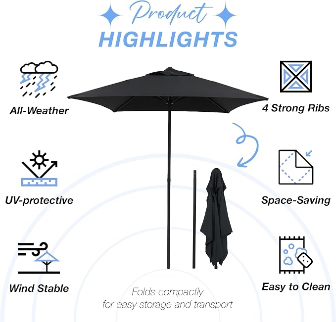 6-Piece Outdoor Patio Furniture Set for 4, Patio Table and Chairs Set with Umbrella, All-Weather Steel Frame & Glass Top Dining Table Set for Backyard, Lawn - Black