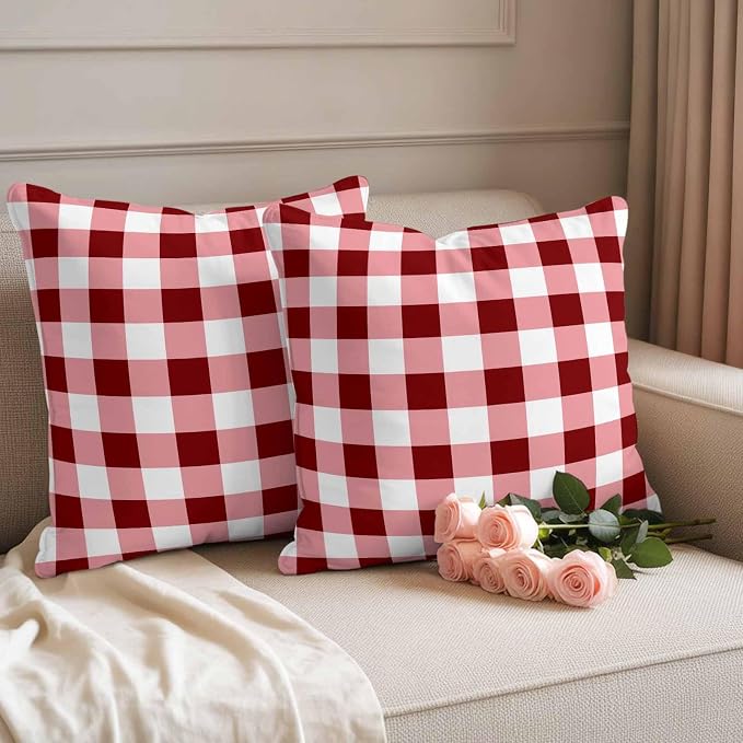Red Farmhouse Waterproof Outdoor Pillow Covers Set of 2 Home Decor, Gradient Buffalo Plaid Lattice Grid Pillowcase Patio Pillow Covers for Couch Bench Furniture Garden 18x18in