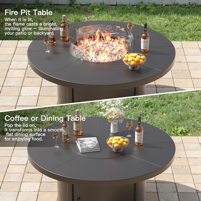 Kurapika 5 Piece Metal Moden Outdoor Patio Furniture Set with Round Fire Pit Table, Patio Conversation Sets 4 Swivel Chairs with Thick Cushion and 40000 BTU Fire Pit Table, for Yard Deck, Navy Blue