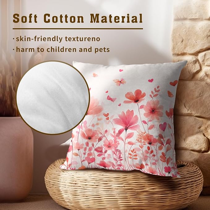 Floral Throw Pillow Covers 18x18 Set of 2, Pink Flowers Leaves with Butterfly Print Decorative Pillow Cases Cotton Cushion Cover for Home Sofa Couch Wedding Anniversary Decor
