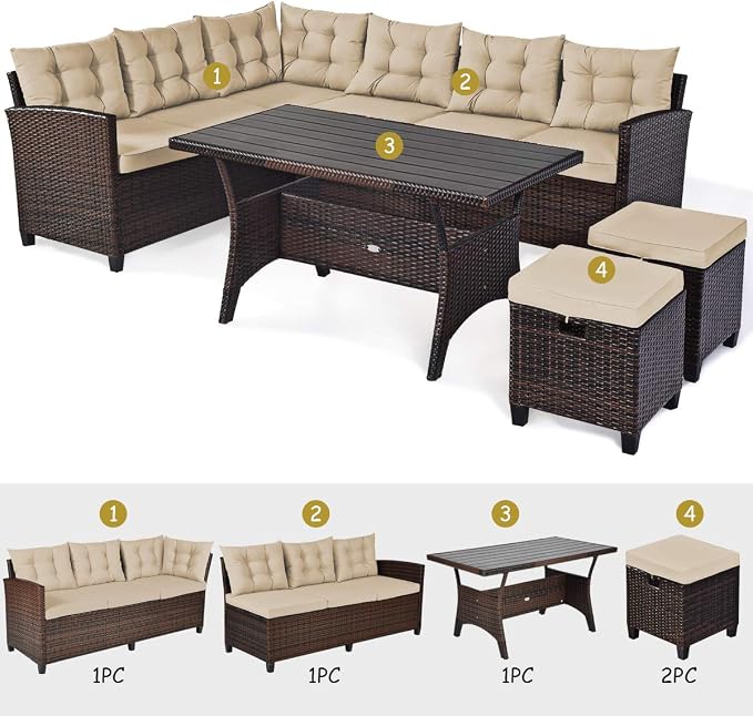 Tangkula 5 PCS Patio Furniture Set, Outdoor Conversation Set with 6 Cushioned Seat 2 Ottomans & Coffee Table, All Weather Wicker Dining Table Set with Ottoman, Rattan Sectional Couch Sofa Set