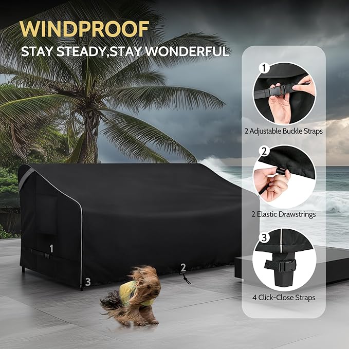 COSFLY Outdoor Patio Sofa Covers Waterproof, Heavy-Duty UV-Resistant Furniture Covers, Adjustable Fit with Buckle Straps, Fits 3-Seater Sofa up to 85"W x 37"D x 35"H ( Black)