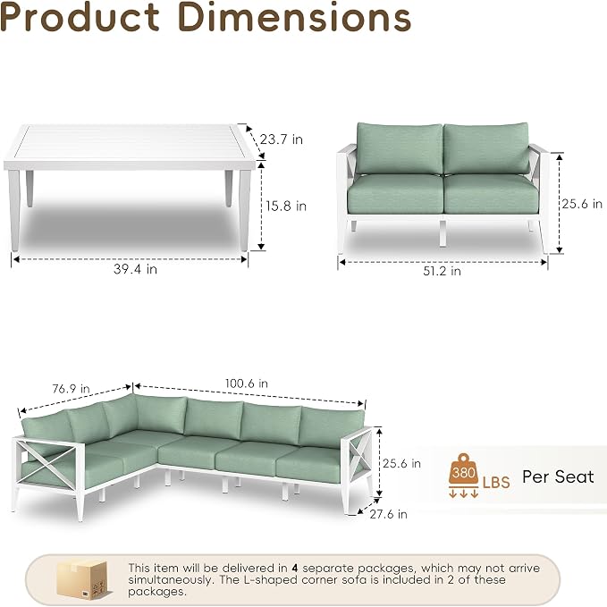 Patio Sectional Sofa Set 8 Seat Outdoor Conversation Set with Cushions, Aluminum Patio Furniture for Backyard Deck Garden Seating