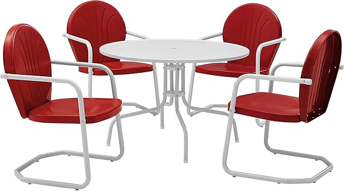 Crosley Furniture Griffith 5-Piece Outdoor Dining Set for 4, Retro Metal Round Patio Table and Chairs, Coral Red