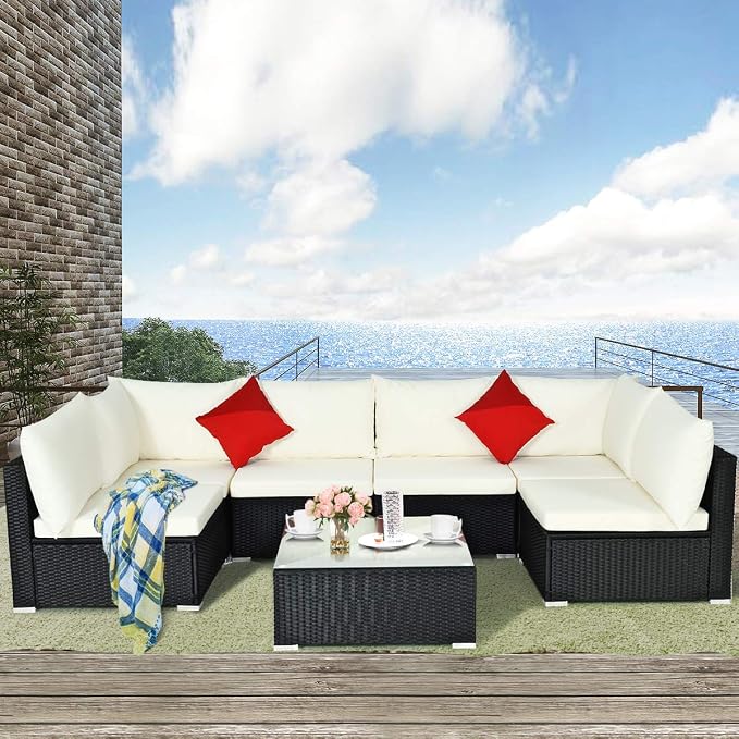 COSTWAY 7 Pieces Patio Furniture Set, Outdoor Rattan Conversation Set with 6 Seats, Coffee Tea Table, Soft Cushions, Wicker Patio Sectional Sofa for Garden Balcony Porch Poolside, Beige