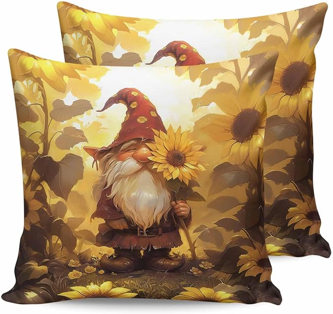 Outdoor Waterproof Throw Pillow Covers 24x24in, Vintage Gnome Sunflowers Cushions for Garden Patio Furniture Chairs Set of 2, Fall Thanksgiving Home Decor Couch Sofa Polyester Pillow Cases