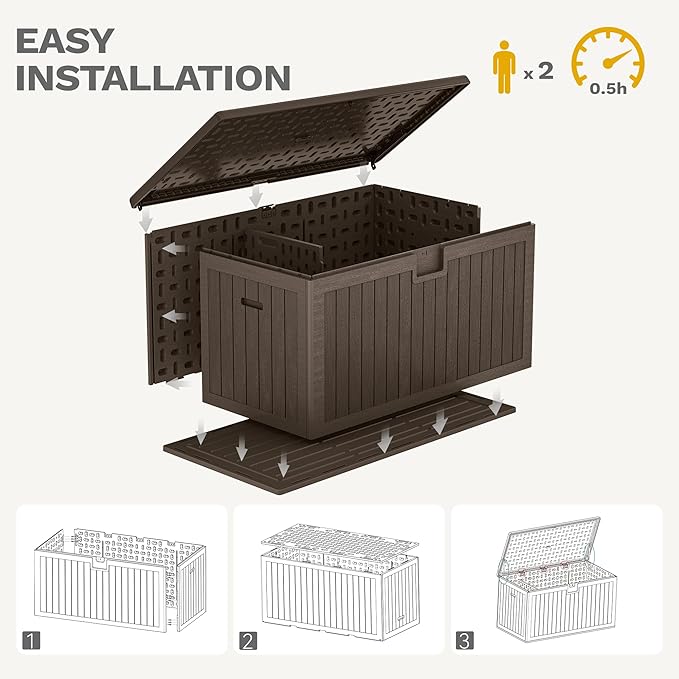 DWVO 260 Gallon Resin Outdoor Storage Box, XXL Double-Wall Waterproof Deck Box with Divider, Doubles as Table or Seating with 1000 lbs Capacity, Lockable (Brown)