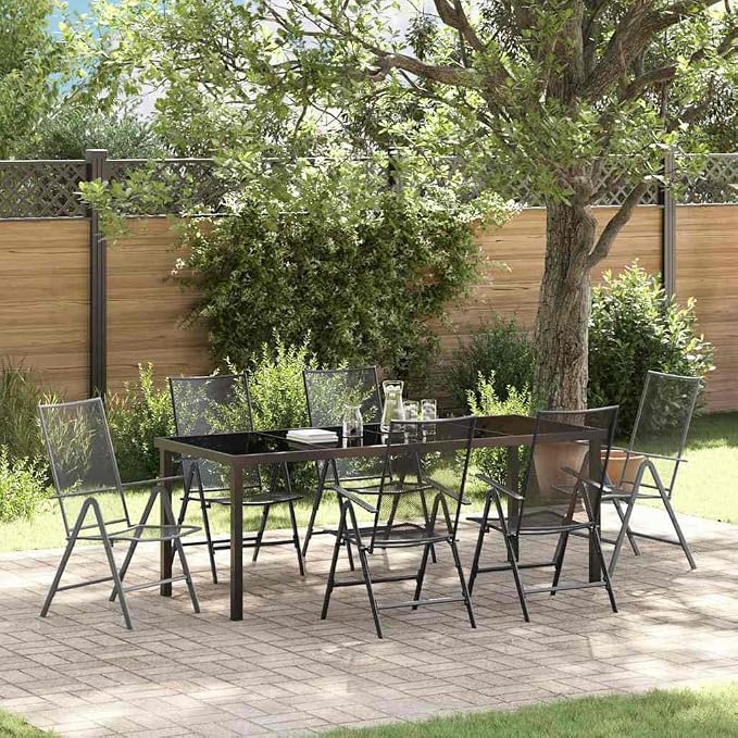 7 Piece Outdoor Dining Set, Anthracite Powder-Coated Steel Patio Furniture, Foldable Garden Table and 6 Chairs, Height-Adjustable Dining Table for Backyard Balcony