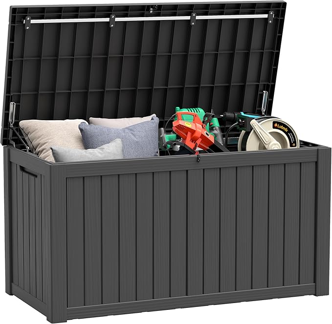 KAMABOKO Outdoor Storage Box, 180 Gallon Large Outdoor Resin Deck Box, Storage Waterproof Boxes Lockable Lid for Garden Tools, Pool Supplies, Patio Furniture and Cushions, Black