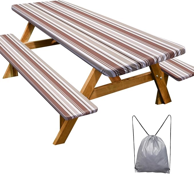 Picnic Table Cover with Bench Covers Camping Essentials Waterproof Windproof Camping Tablecloth with Drawstring Bag, Fitted Rectangle Tables and Seats, 96in, Brown Stripe