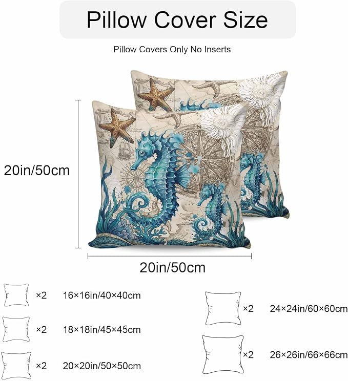 Nautical Coastal Outdoor Pillow Covers 26x26 Inch Throw Pillow Covers Set of 2 Waterproof Decorative Pillow Cases Retro Marine Life Seahorse Compass Map Beige Cushion Covers for Patio Furniture Garden