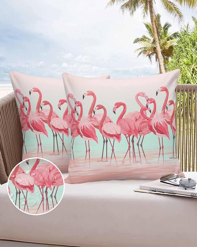 Outdoor Waterproof Throw Pillow Covers Set of 2 Pink Flamingo Pillowcases 26x26 Inches Tropical Animal Ombre Teal Patio Decorative Pillows Cushion Case Patio Pillows for Couch Bed Chair Garden