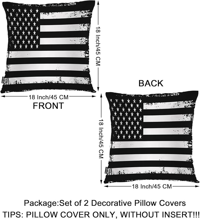 Swono Retro American Flag Decorative Throw Pillows Covers, Grunge USA Flag Square Pillow Cushion Covers for Man Woman, Pillowcases Decor for Home Sofa Bed Garden 2 Packs 18x18 Inch, Black White