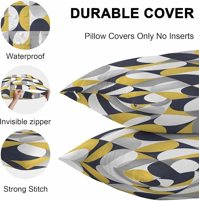Vandarllin Outdoor Throw Pillows Covers 20x12 inch Set of 2 Waterproof Mid Century Geometric Decorative Zippered Cushion Covers for Patio Furniture, Abstract Modern Yellow Lumbar Pillowcases