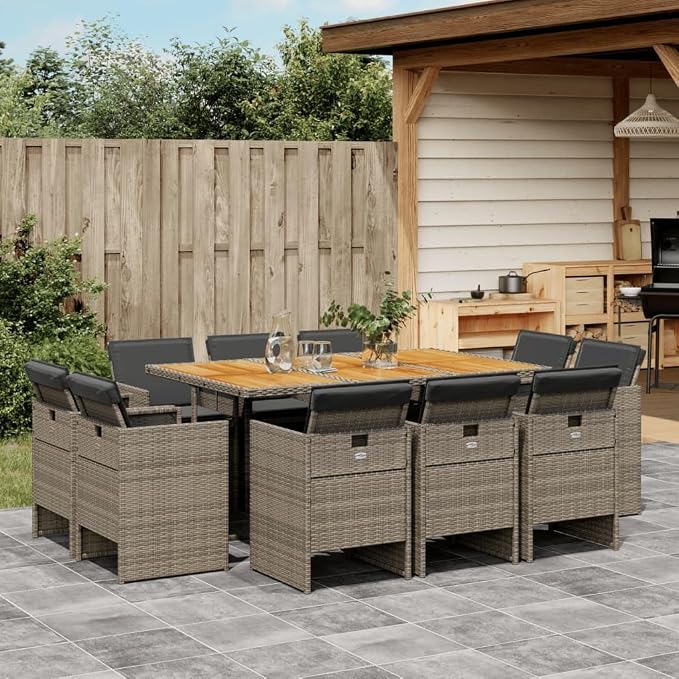 11-Piece Patio Dining Set with Cushions Gray Poly Rattan Outdoor Furniture Set for Garden Backyard Balcony