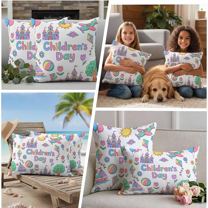 Pack of 2 Children's Day Outdoor Pillow Covers Decorative, Waterproof Pillow Protector, Airplanes Sailing Boats Tree Cartoon School Throw Pillowcases Accent Cushion Cases for Patio Couch Sofa 26"x26"