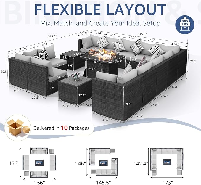 NICESOUL 15 Piece Outdoor Patio Furniture Set with Fire Pit, Extra Large Wide Outdoor Deep Seated Sectional, Cozy 29.3'' High-Back Modular Couch, 500 Lbs High Weight Capacity Wicker Sofa, Light Gray