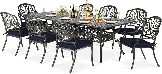 9-Piece Patio Cast Aluminum Dining Set, Outdoor Dining Furniture Set for 8 Person, Includes 94.5" Rectangular Dining Table and 8 Cushioned Chairs with Umbrella Hole, Navy Blue