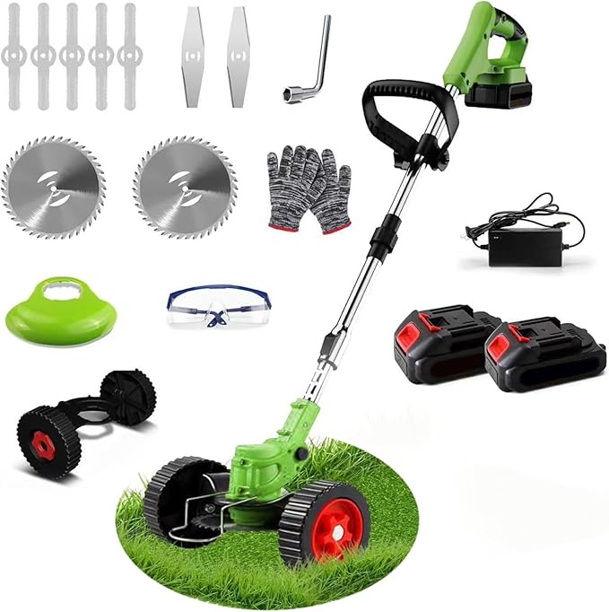 Cordless Garden Strimmers,Electric Cordless 48v Grass Strimmer with 2 X 2000mAh Battery, Adjustable Metal Blades,Garden Trimmer Telescopic Lightweight with Roller, 850W, for Gardens,Park Lawns (Green)