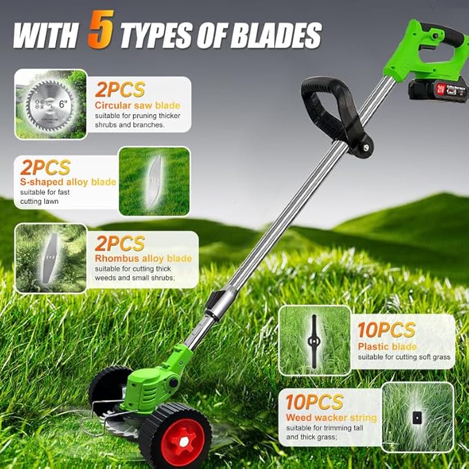 Weed Wacker Eater Battery Powered, 21V Electric Weed Trimmer Battery Operated, Cordless Grass Trimmer/Lawn Edger/Mower/Brush Cutter with 2 Li-Ion Battery