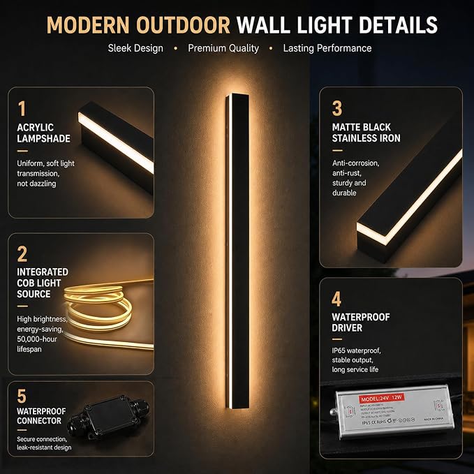 71inch Modern Outdoor Wall Light, 2700K-6500K Dimmable Black Long Wall Sconce, IP65 Waterproof Outdoor Exterior Lights for House, Courtyard, Porch, Garage