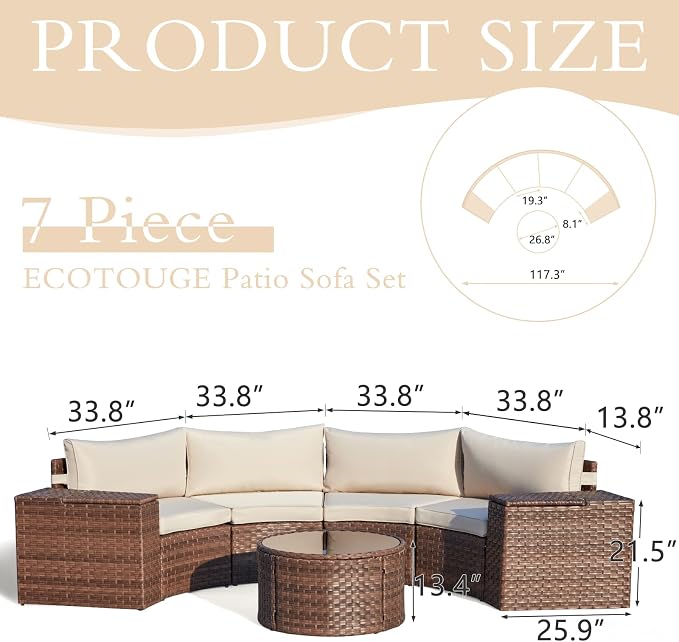 ECOTOUGE 7 Piece Patio Furniture Sets, Half-Moon Circle Conversation Set, Curved Wicker Outdoor Sectional with 2 Storage Armrests and Glass Coffee Table, Garden Balcony and Backyard (Beige)