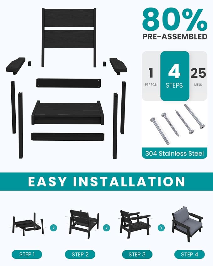 SERWALL 4 Piece HDPE Outdoor Furniture Set, All Weather Wood-Like Outdoor Sofa Sectional Couch, Black Patio Furniture Set with Grey Cushions