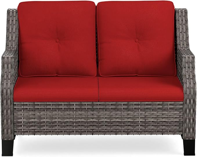 Patio Furniture Couch Outdoors, Rattan Wicker Loveseat with Deep Seating and Olefin Cushions, for Garden Porch Deck Balcony, Red