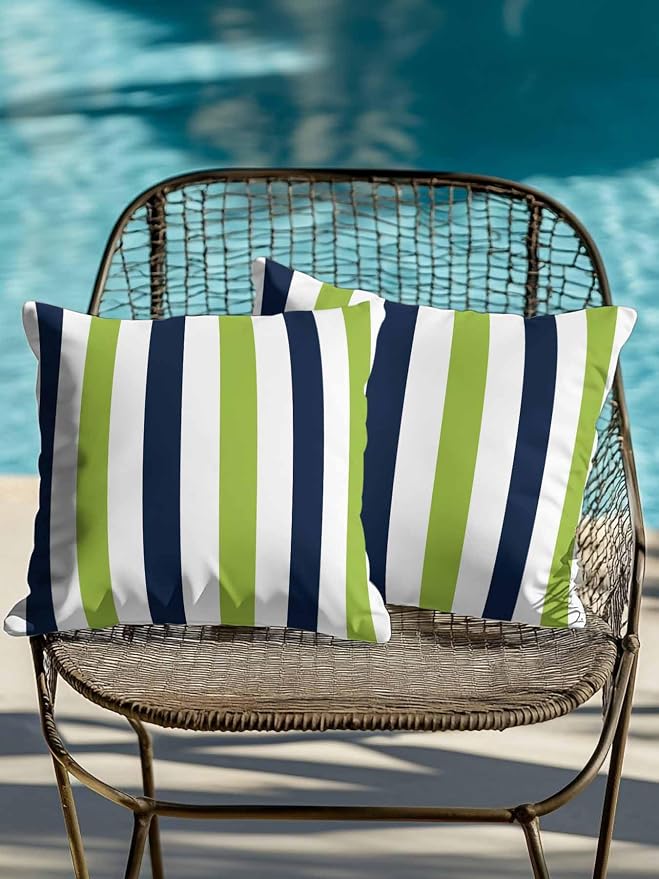 Outdoor Pillows Waterproof, Green Navy Blue Striped Bedding Throw Pillows with Insert for Couch Sofa Bed, Farmhouse Stripe Art 18x18 Inch Pillowcases Decorative Camping Patio Pillow Set of 2