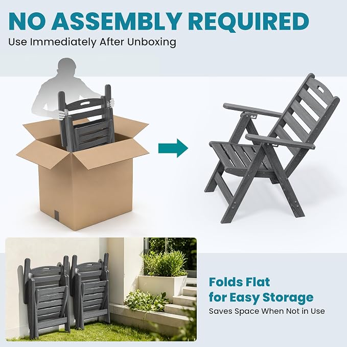5-Piece Outdoor Dining Set, No-Assembly Foldable Chairs, All-Weather HDPE Outdoor Table and Chairs with Elegant Armrest, Patio Furniture Sets with Umbrella Hole for Patio, Gray