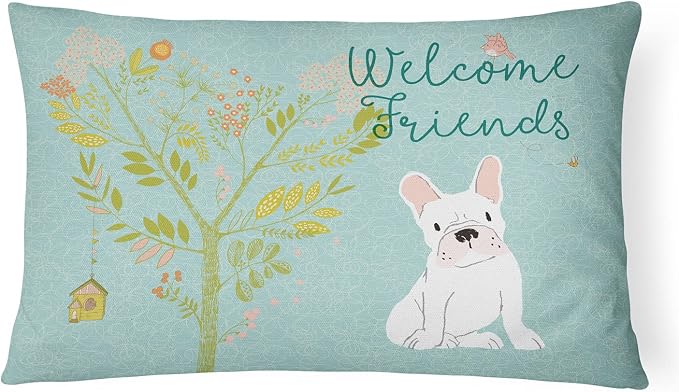 Caroline's Treasures BB7635PW1216 Welcome Friends White French Bulldog Canvas Fabric Decorative Pillow Machine Washable, Indoor Outdoor Decorative Pillow for Couch, Bed or Patio, 12HX16W